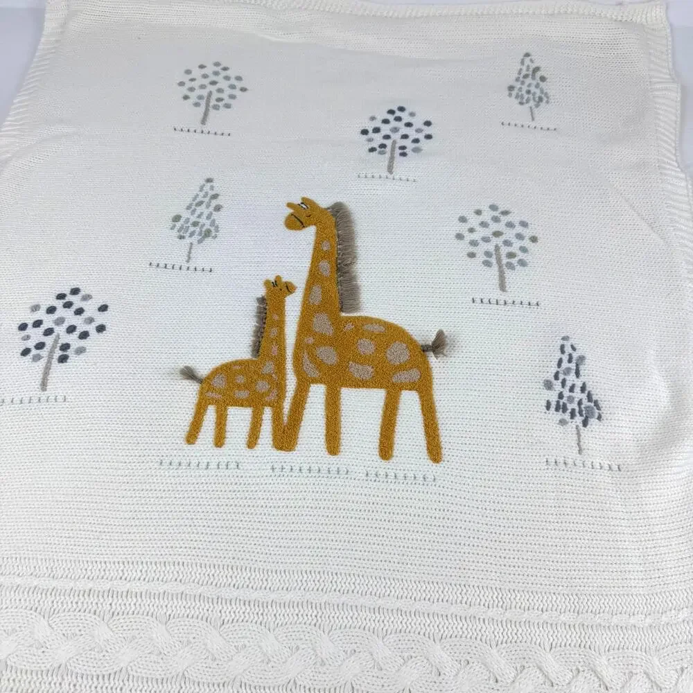 Pottery Barn Kids Giraffe Sherpa Backed Knit Baby Blanket Cream Nursery
